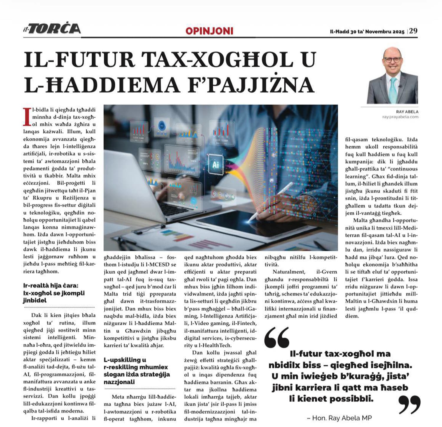 Ray Abela — article excerpt, it-Torċa, November 30, 2025